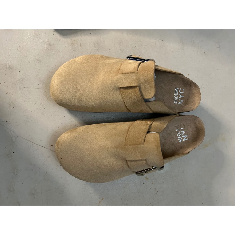 Cutie pie platform clogs Madden NYC Tan Faux Suede Buckle Strap Mules  Size 11
